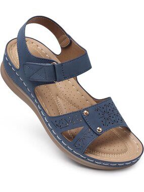 Women's Blue Flat Sandals Comfortable Arch Support Dressy Cushioning Casual